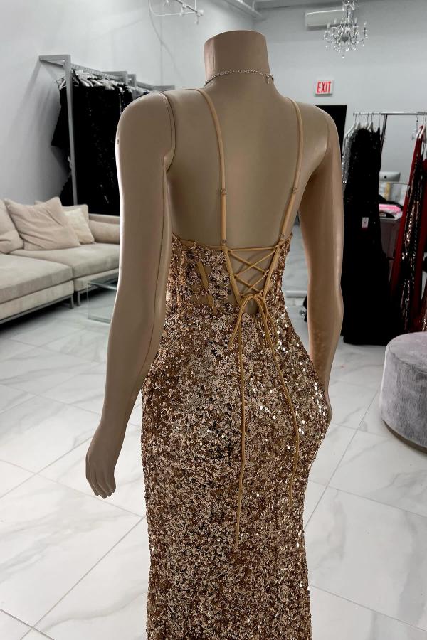 Spaghetti Straps V Neck Backless Mermaid Long Prom Dress with Sequins and Rhinestones-BallBride