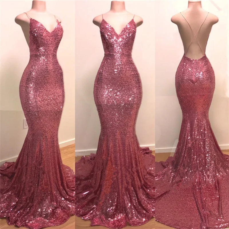 Spaghetti-Straps V-Neck Prom Dress Fit and Flare Stunning Sequins Evening Party Gowns-BallBride