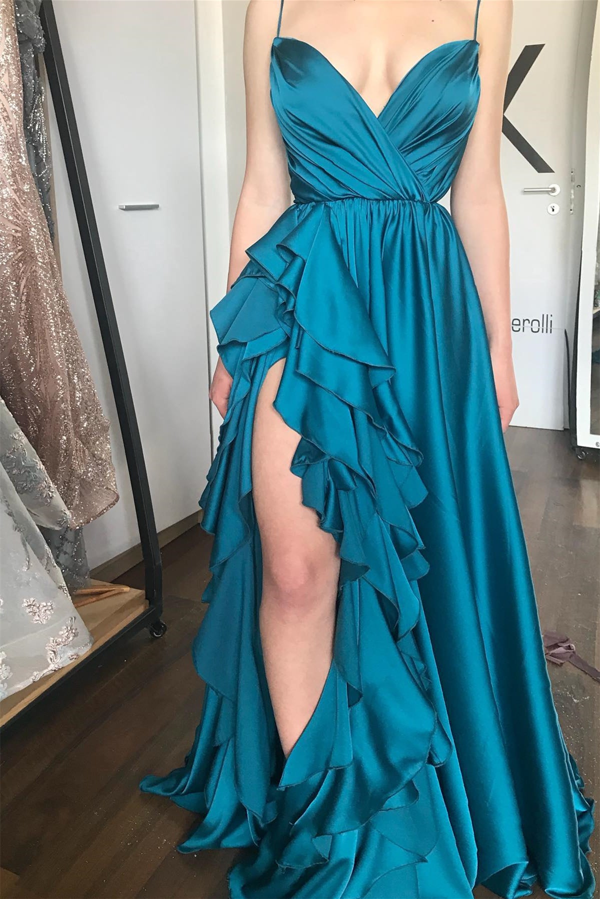Spaghetti Straps V-Neck Tiered Side Split A-Line Satin Prom Dress-BallBride
