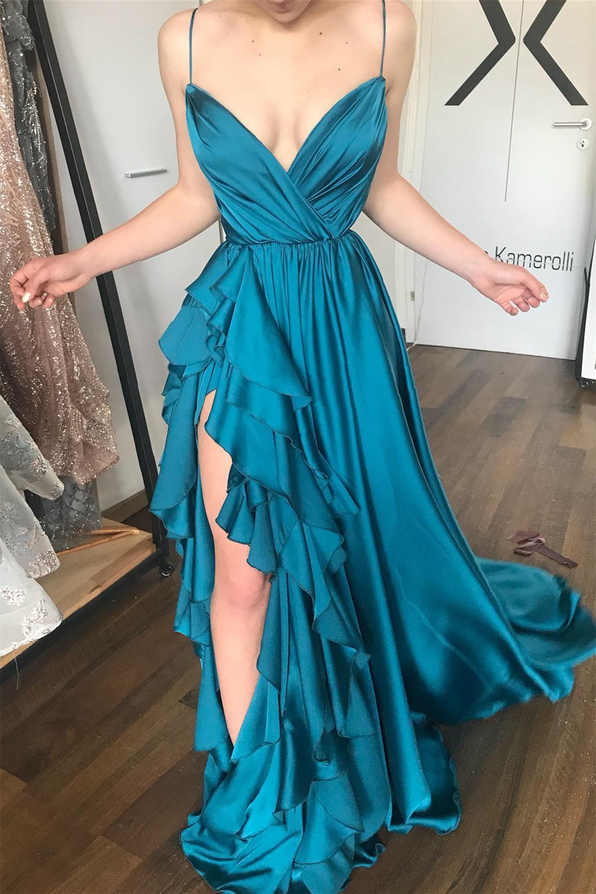 Spaghetti Straps V-Neck Tiered Side Split A-Line Satin Prom Dress-BallBride