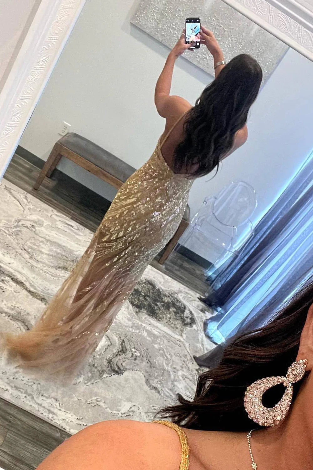 Spaghetti Straps V-Neck Tulle Mermaid Long Prom Dress with Sequins-BallBride