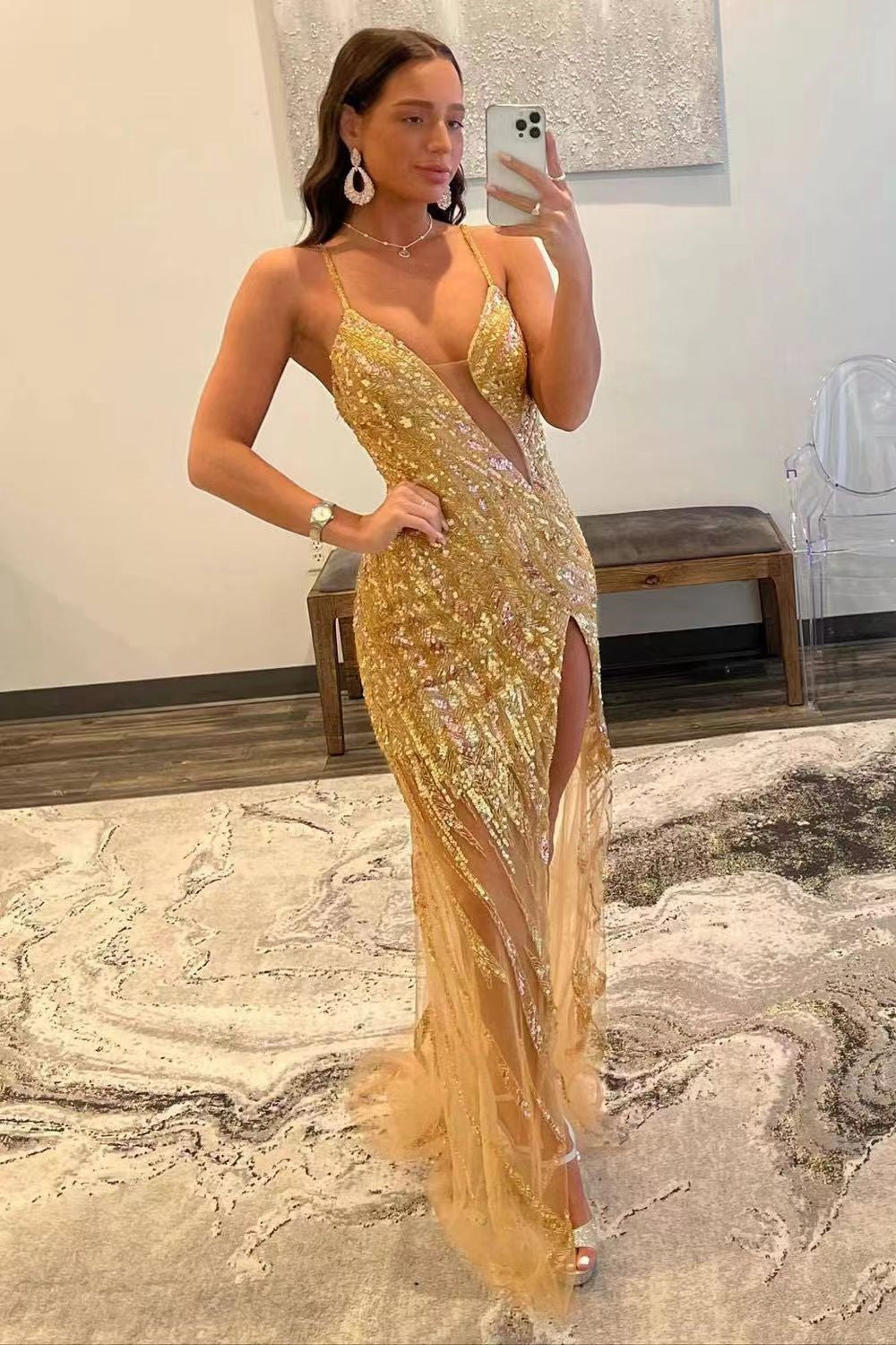 Spaghetti Straps V-Neck Tulle Mermaid Long Prom Dress with Sequins-BallBride