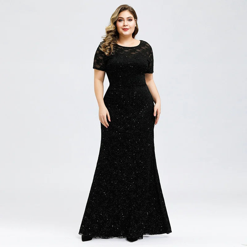 Sparkle Short Sleeve Black Lace Evening Gowns Mermaid Prom Dress With Beadings-BallBride