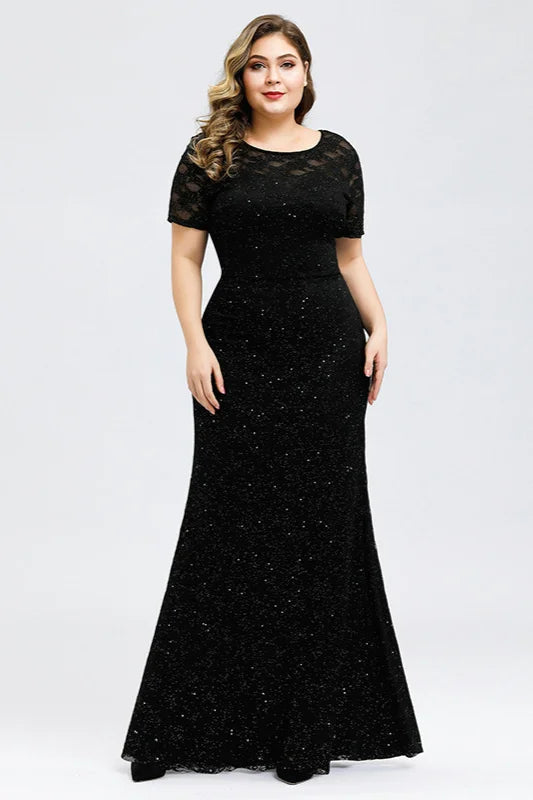 Sparkle Short Sleeve Black Lace Evening Gowns Mermaid Prom Dress With Beadings-BallBride