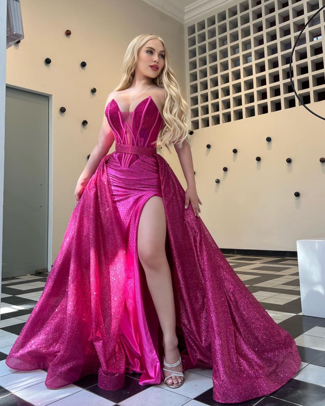 Sparkle Strapless Deep V-Neck Mermaid Split Prom Dress with Detachable Train-BallBride