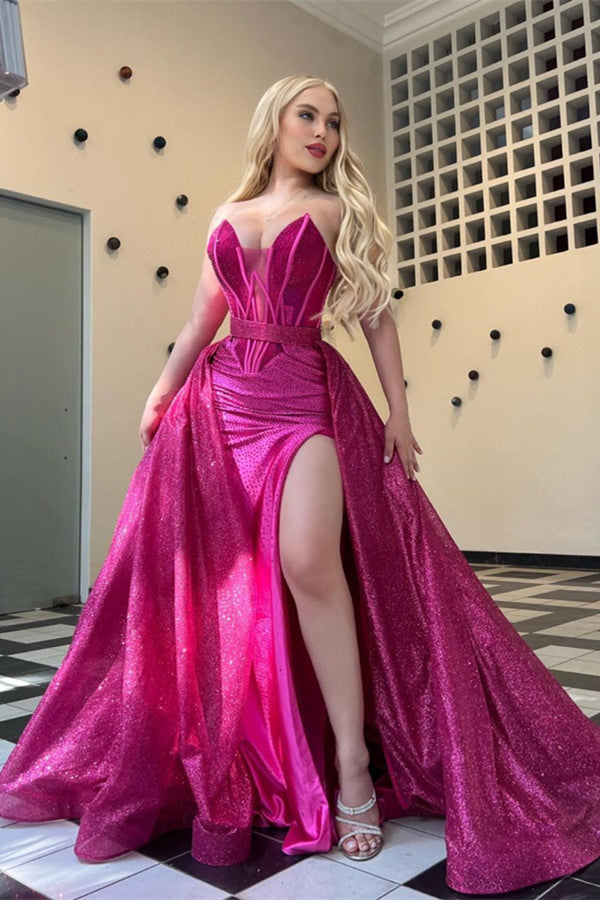 Sparkle Strapless Deep V-Neck Mermaid Split Prom Dress with Detachable Train-BallBride