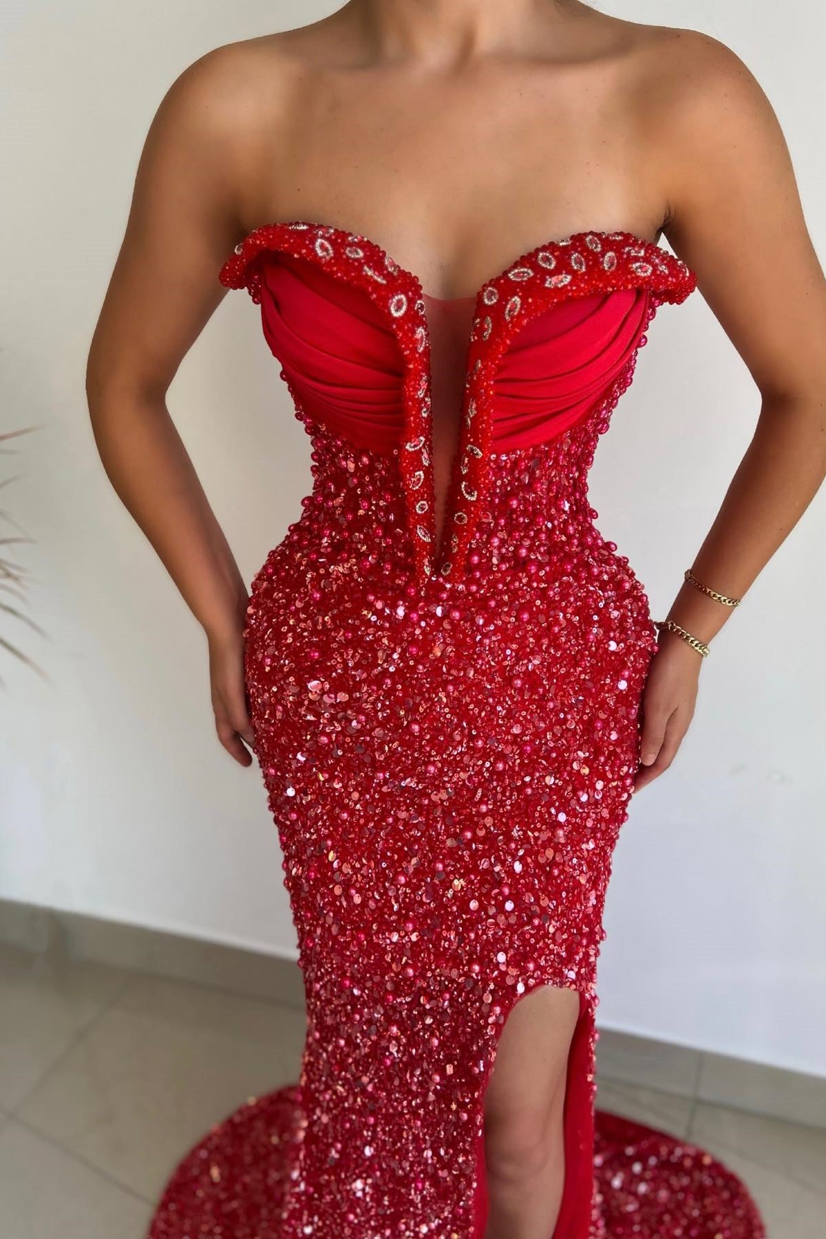 Sparkle Strapless Sweetheart Mermaid Prom Dress with Sequins and Slit-BallBride