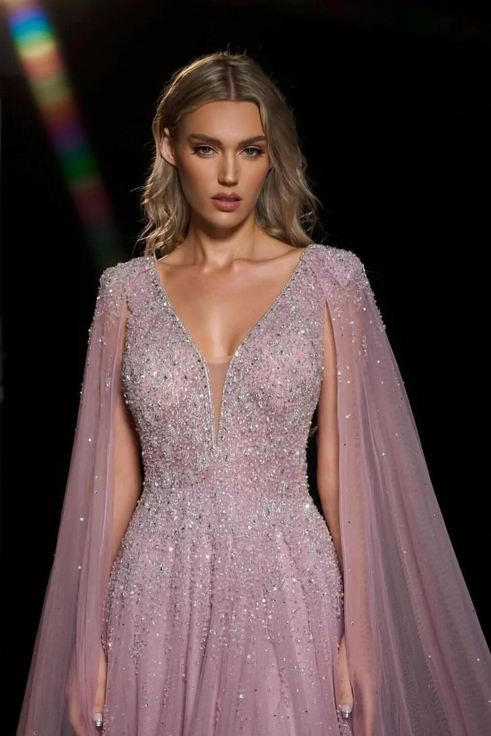 Sparkle Tulle V-Neck A-Line Prom Dress Watteau Train with Beads and Sequined-BallBride