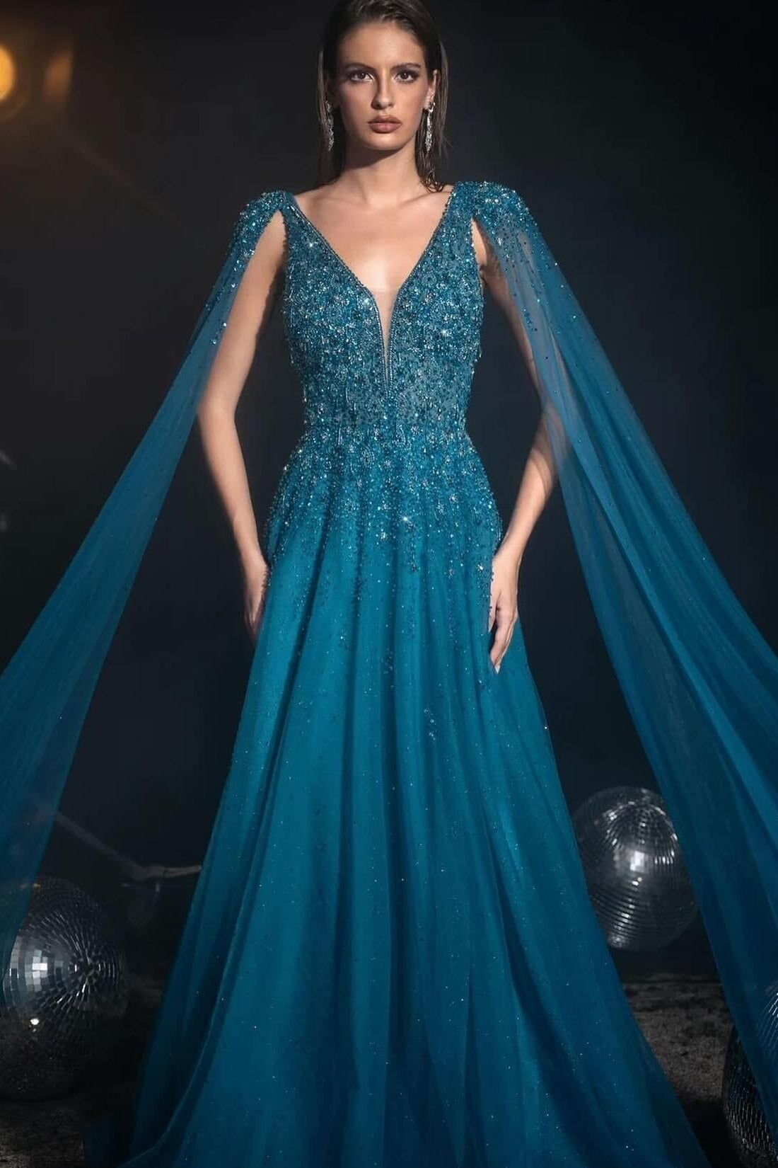 Sparkle Tulle V-Neck A-Line Prom Dress Watteau Train with Beads and Sequined-BallBride
