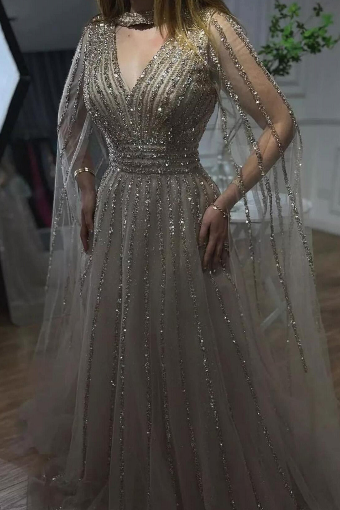 Sparkle V-Neck Tulle A-Line Watteau Train Prom Dress with Sequins-BallBride