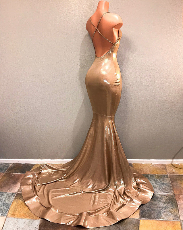 Sparkly Gold Sequins Spaghetti Straps Criss-Cross Prom Dress-BallBride