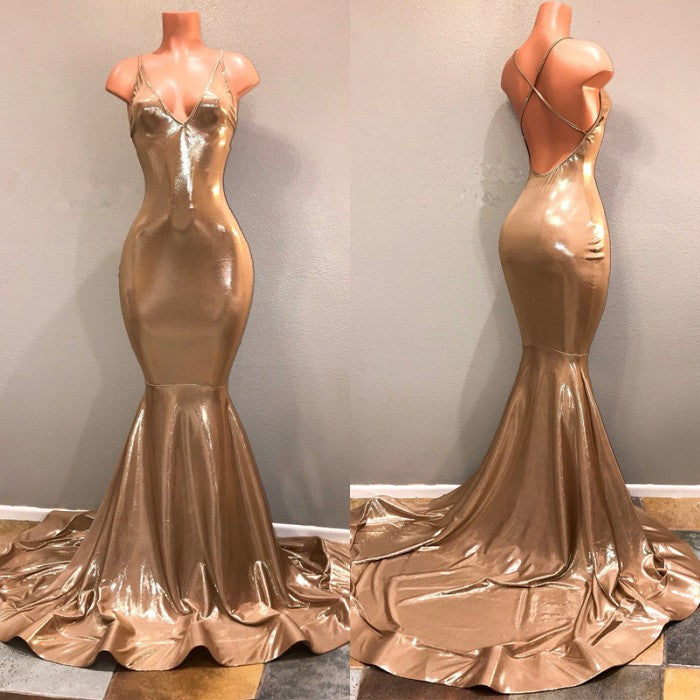 Sparkly Gold Sequins Spaghetti Straps Criss-Cross Prom Dress-BallBride