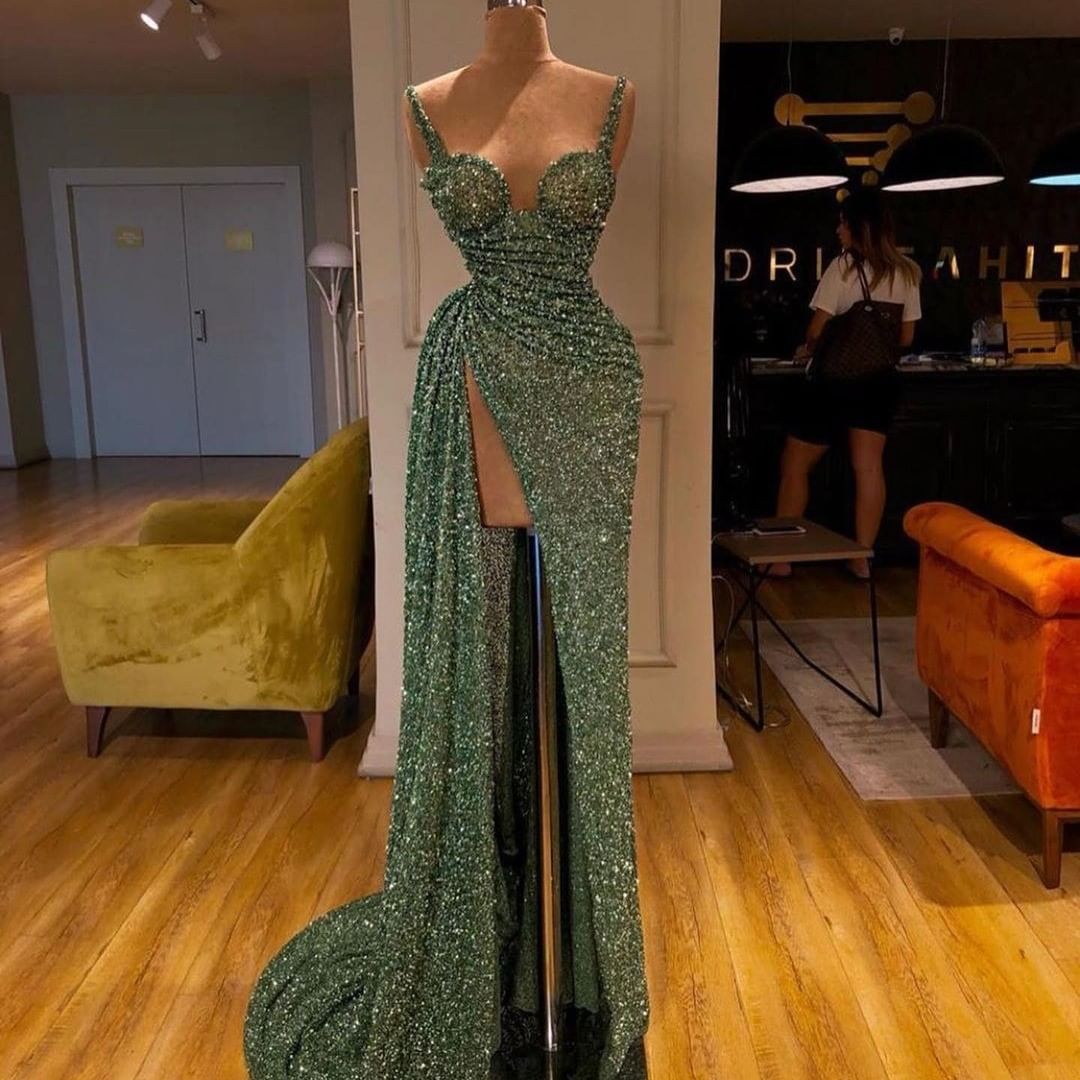 Sparkly Green Sequins Straps Side Slit Ruffles Prom Dress-BallBride