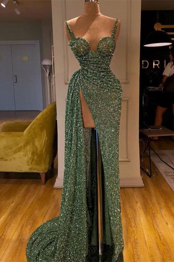 Sparkly Green Sequins Straps Side Slit Ruffles Prom Dress-BallBride