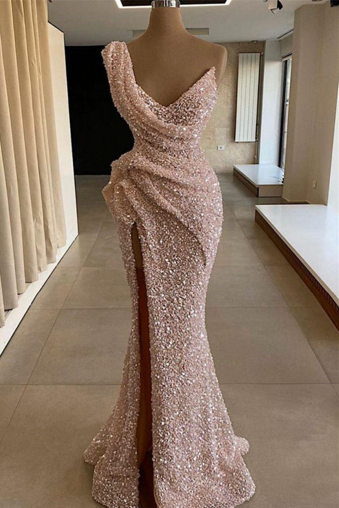Sparkly One Shoulder Sleeveless Sequins Side Slit Ruffles Prom Dress-BallBride