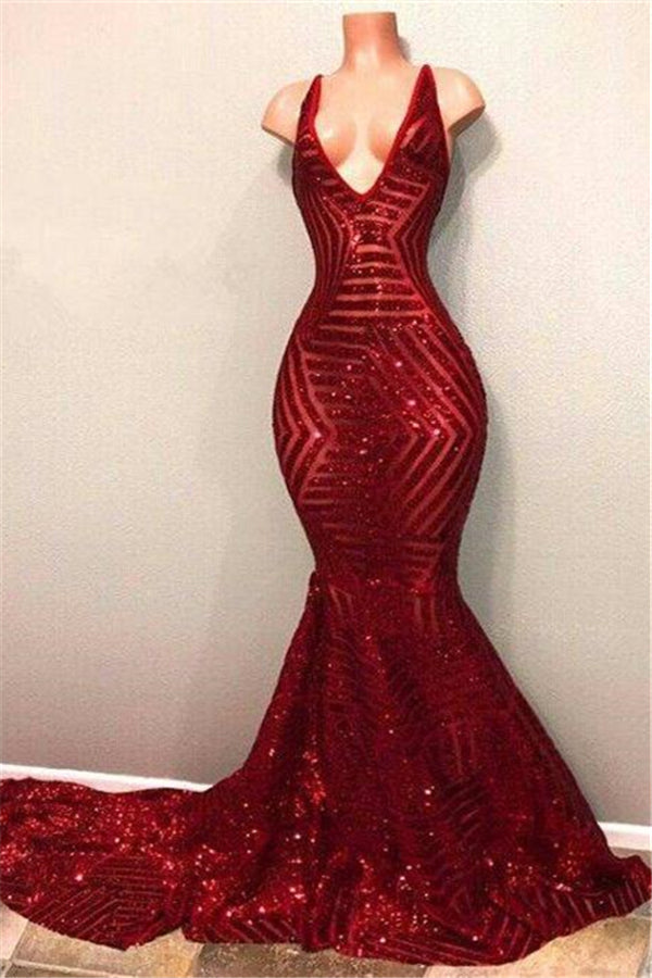 Sparkly Red V-Neck Sequins Mermaid Sleeveless Prom Dress-BallBride