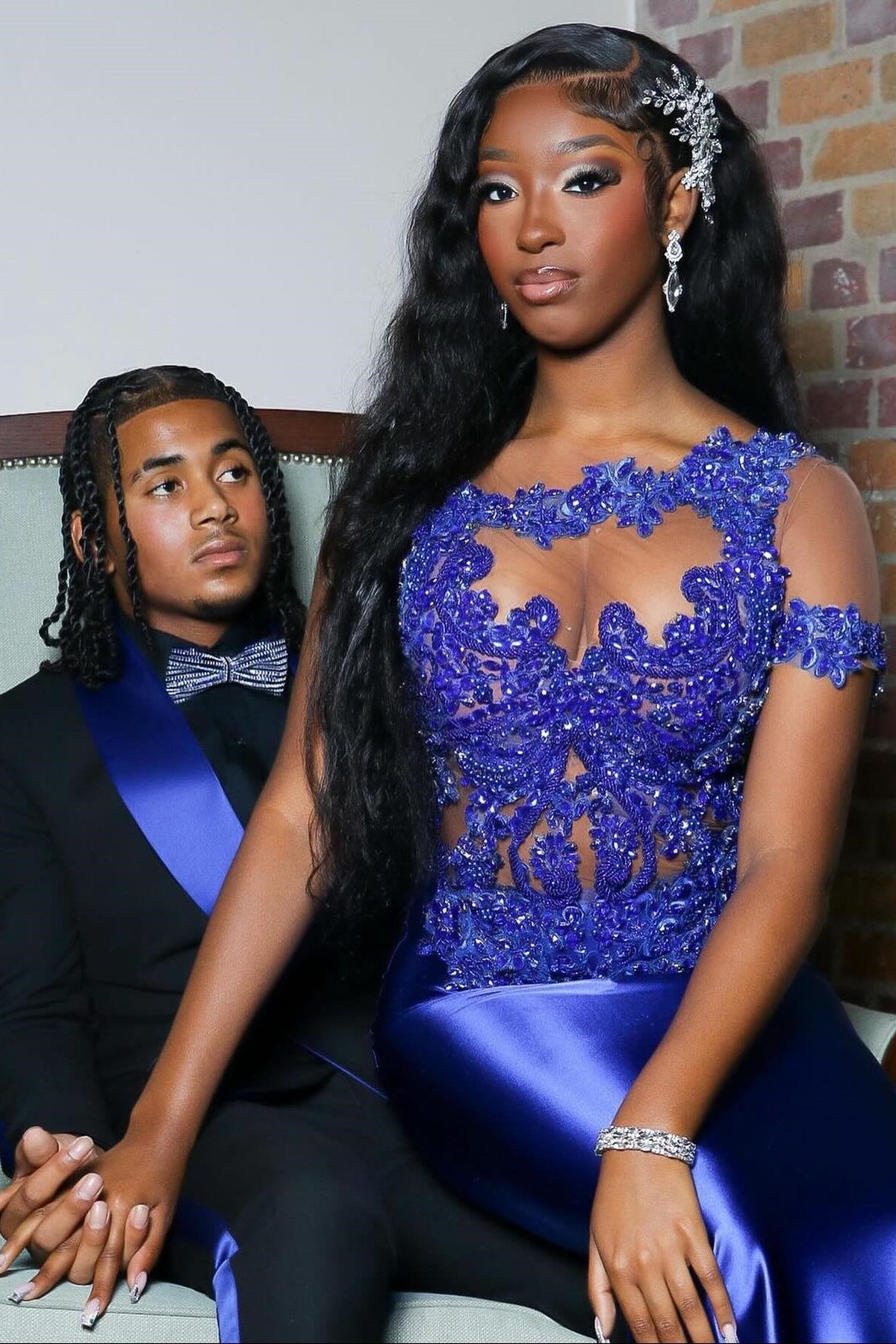 Sparkly Royal Blue Short Sleeve Mermaid Appliques Prom Dress-BallBride