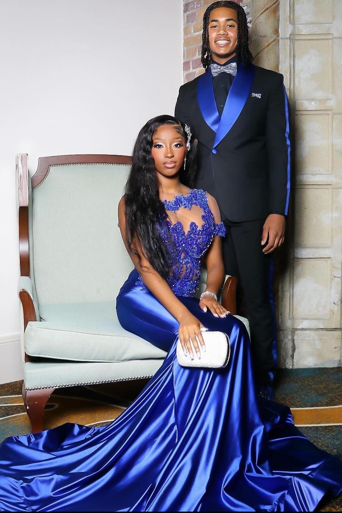 Sparkly Royal Blue Short Sleeve Mermaid Appliques Prom Dress-BallBride