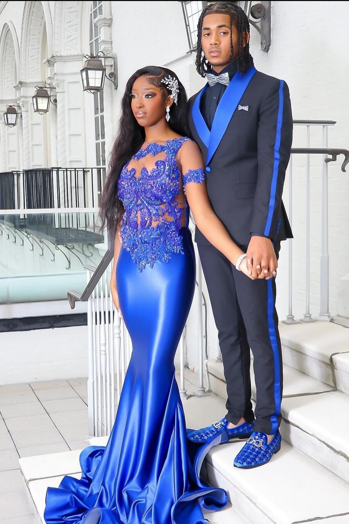 Sparkly Royal Blue Short Sleeve Mermaid Appliques Prom Dress-BallBride