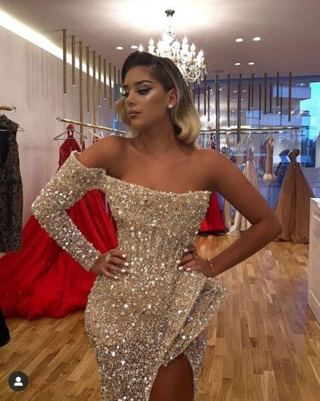 Sparkly Silver Sequins One Shoulder Side Slit Ruffles Prom Dress-BallBride