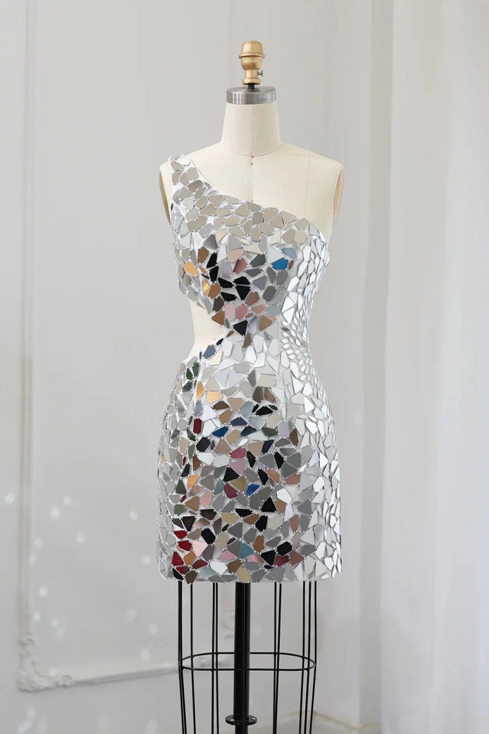 Sparkly Sleeveless Short One Shoulder Mermaid Satin Prom Dress-BallBride