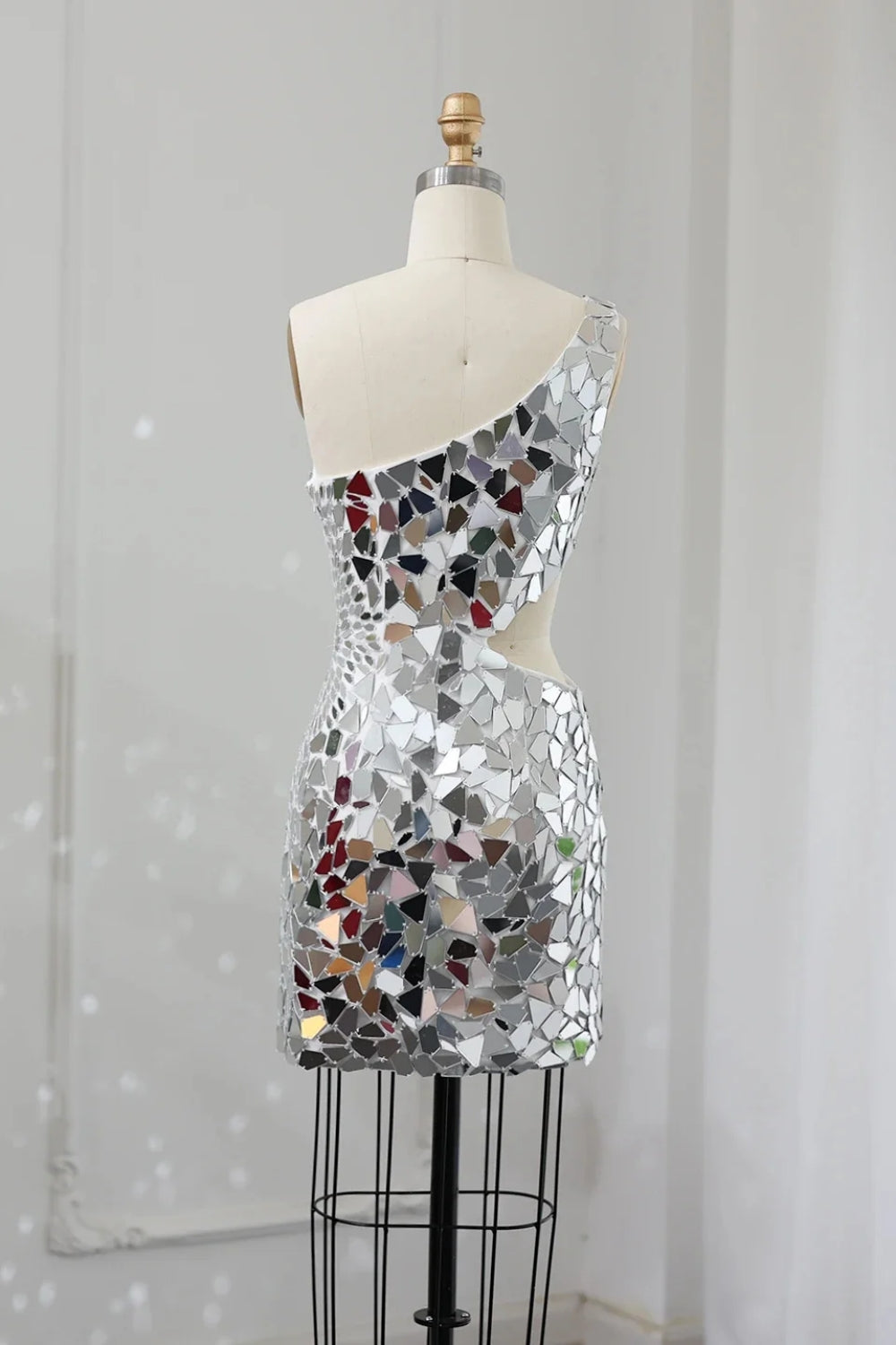 Sparkly Sleeveless Short One Shoulder Mermaid Satin Prom Dress-BallBride