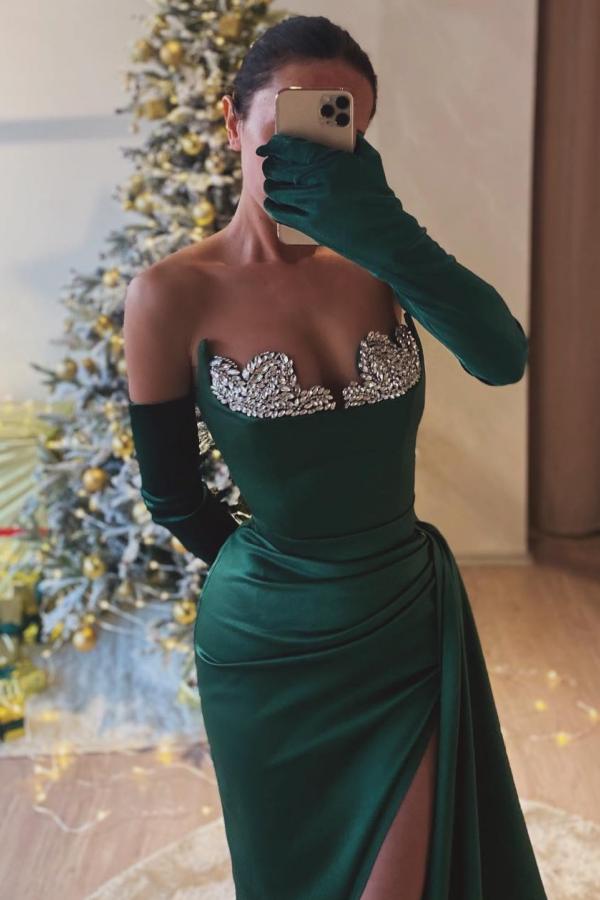 Split Front Green Strapless Satin Mermaid Prom Dress with Long Gloves-BallBride