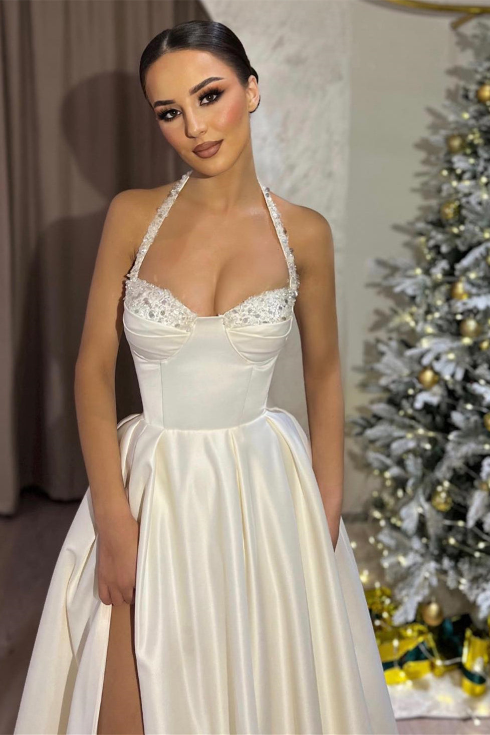 Split Front Halter A-Line Draped Satin Long Prom Dress with Beads-BallBride