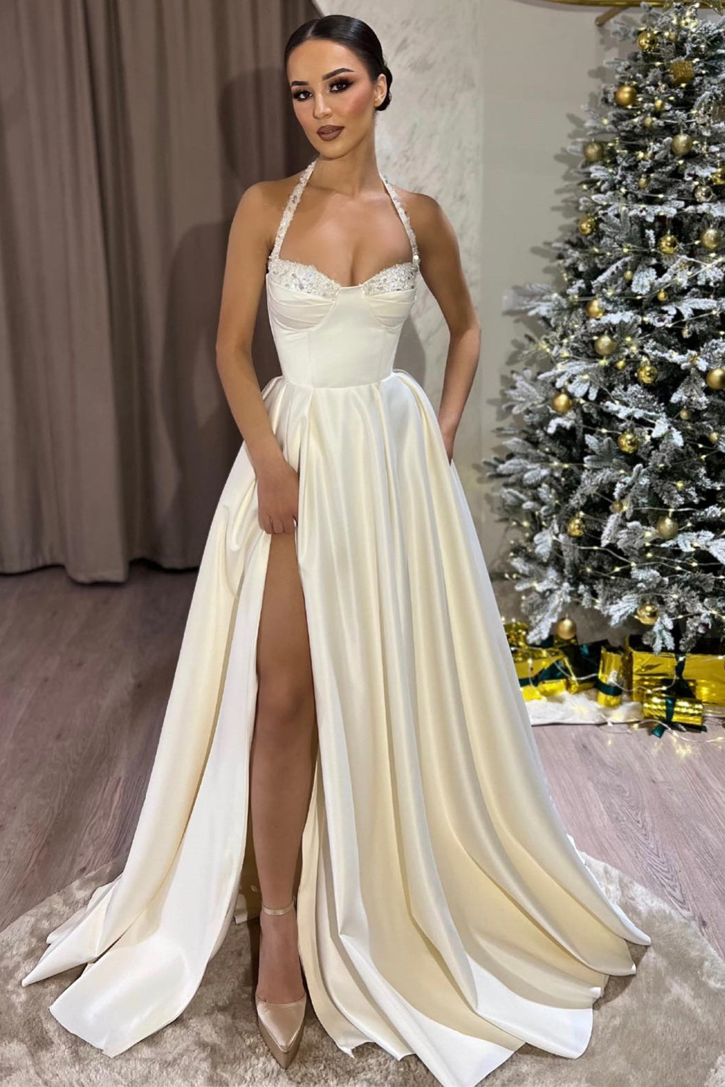 Split Front Halter A-Line Draped Satin Long Prom Dress with Beads-BallBride