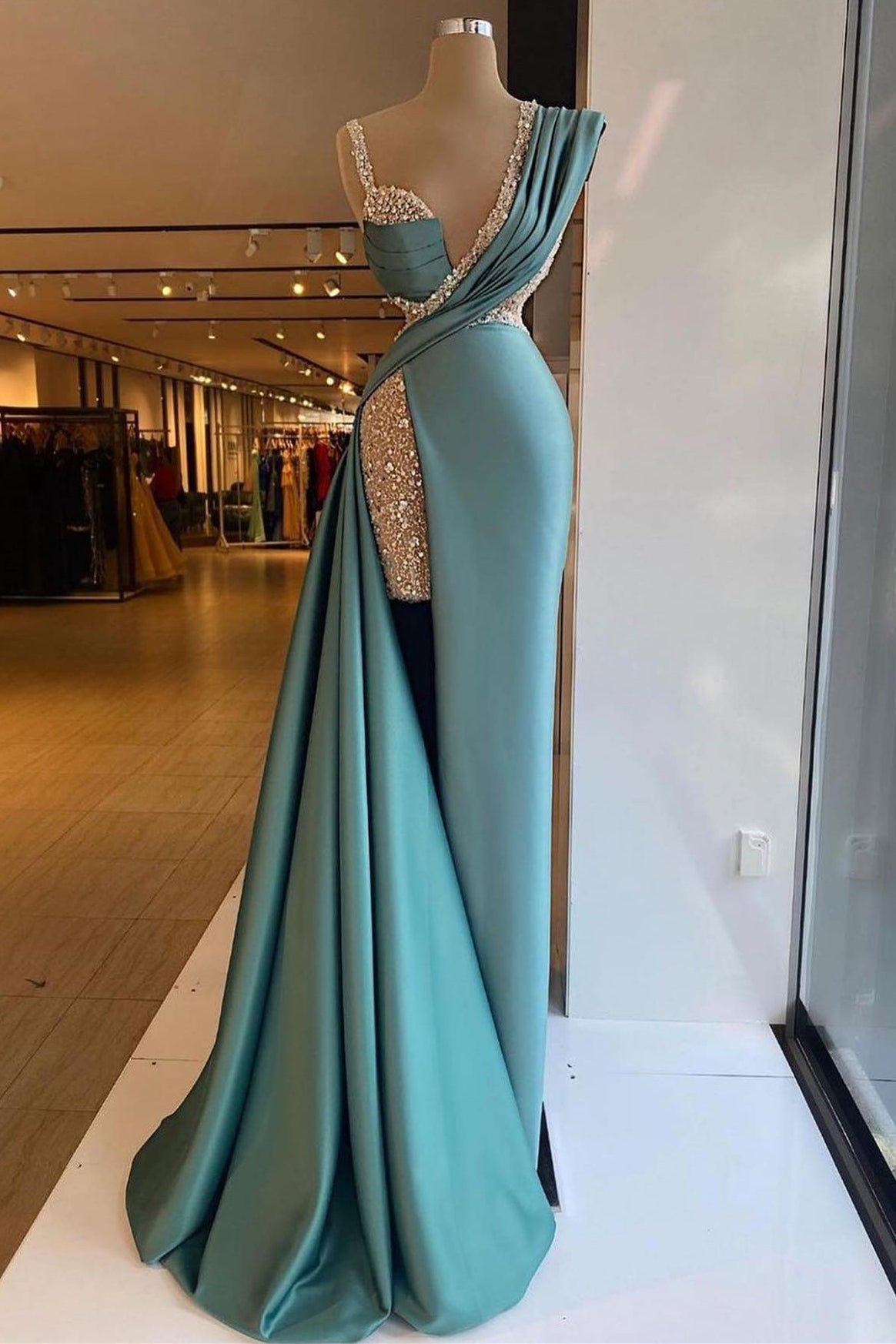 Split Front Mermaid Satin Long Prom Dress with Beads and Sequins-BallBride