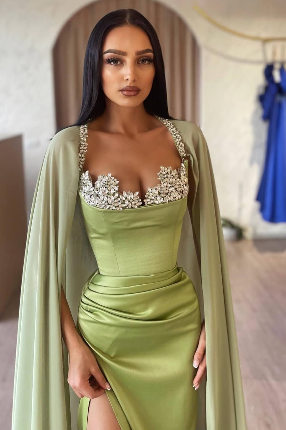 Split Front Portrait Mermaid Long Rhinestones Prom Dress with Watteau Train-BallBride