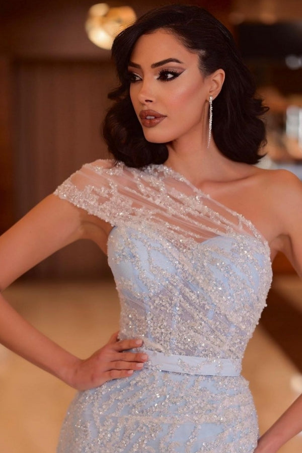 Split Front Ruched Sweetheart One shoulder Floor Length Mermaid Tulle Prom Dress-BallBride
