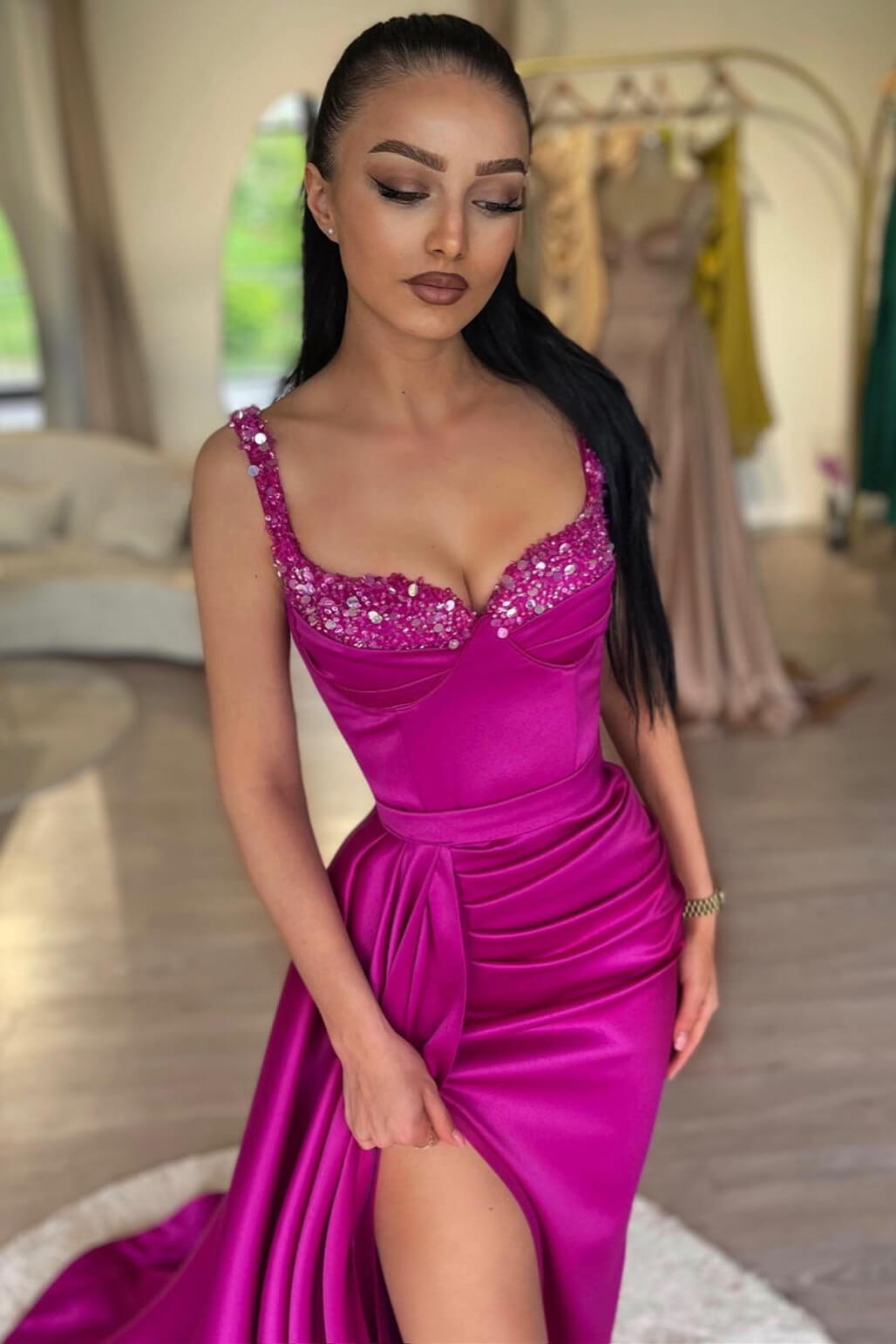 Split Front Spaghetti Straps Mermaid Long Prom Dress with Beads-BallBride