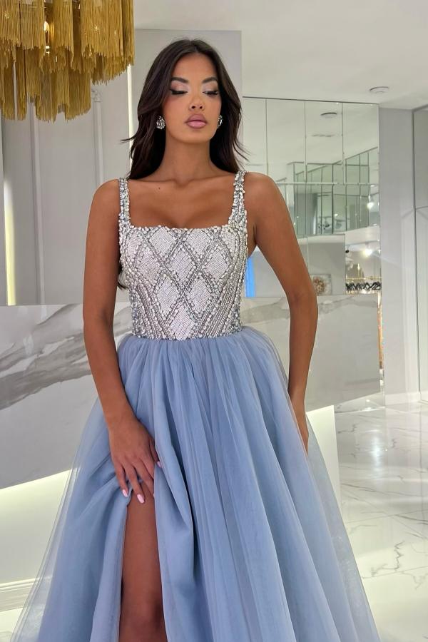 Split Front Square Neck A-Line Tulle Long Prom Dress with Beads and Ruffles-BallBride