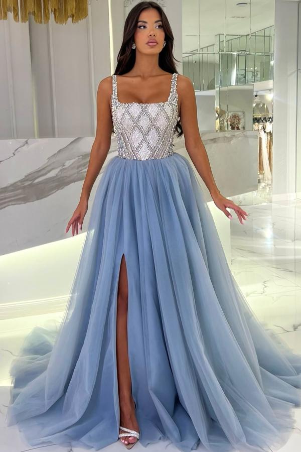 Split Front Square Neck A-Line Tulle Long Prom Dress with Beads and Ruffles-BallBride