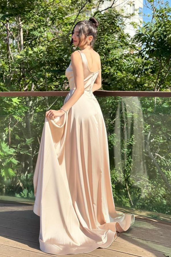 Split Front Square Neck Draped Satin Mermaid Long Prom Dress with Train-BallBride