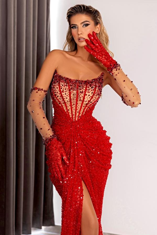 Split Front Strapless Long Mermaid Draped Prom Dress with Red Beads and Gloves-BallBride