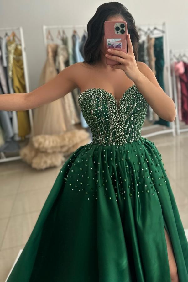 Split Front Strapless Sweetheart A-Line Prom Dress with Beads-BallBride