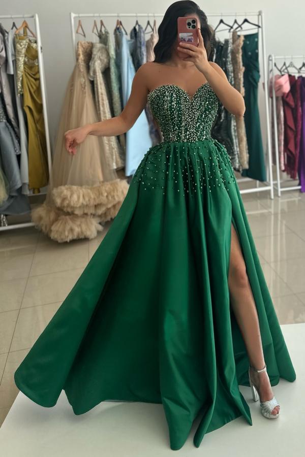 Split Front Strapless Sweetheart A-Line Prom Dress with Beads-BallBride