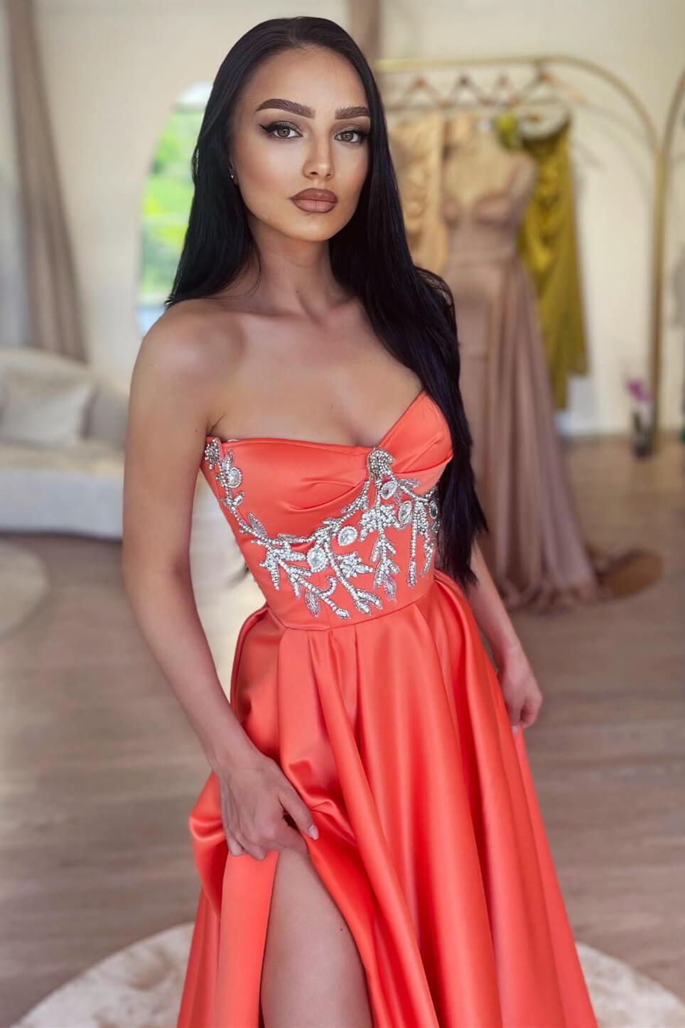 Split Front Strapless V-Neck Long Mermaid Prom Dress with Beads and Rhinestones-BallBride