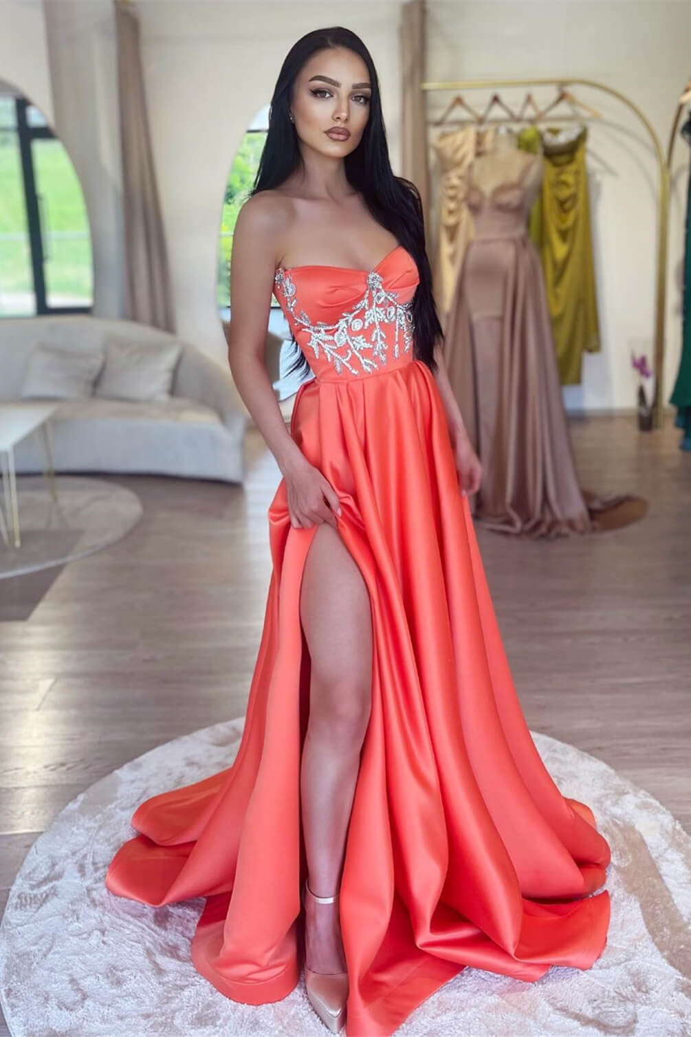 Split Front Strapless V-Neck Long Mermaid Prom Dress with Beads and Rhinestones-BallBride