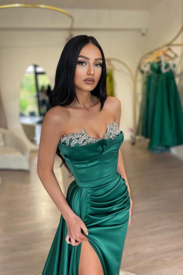 Split Front Sweetheart Mermaid Long Satin Prom Dress with Ruffles-BallBride