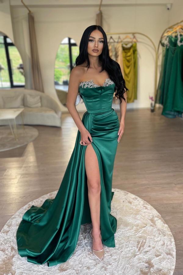 Split Front Sweetheart Mermaid Long Satin Prom Dress with Ruffles-BallBride