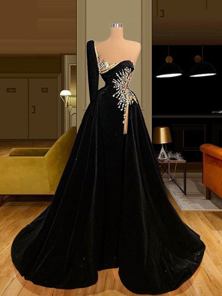 Split Front Velvet Appliques One Shoulder A-Line Long Prom Dress with Beads-BallBride