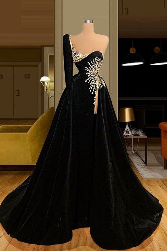 Split Front Velvet Appliques One Shoulder A-Line Long Prom Dress with Beads-BallBride