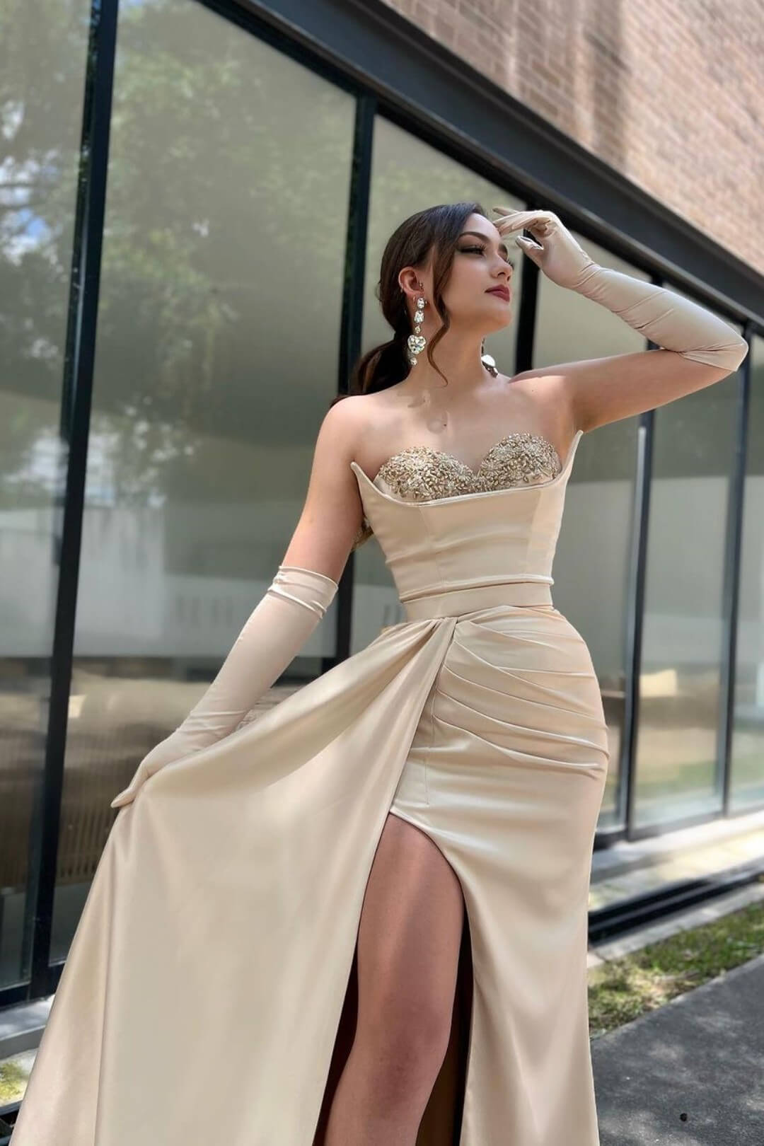 Split Strapless Sweetheart Satin Long Prom Dress with Beads and Gloves-BallBride