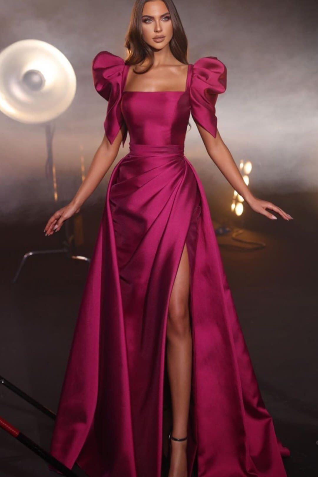 Square Neck Short Sleeve Draped Satin Mermaid Prom Dress with Slit-BallBride