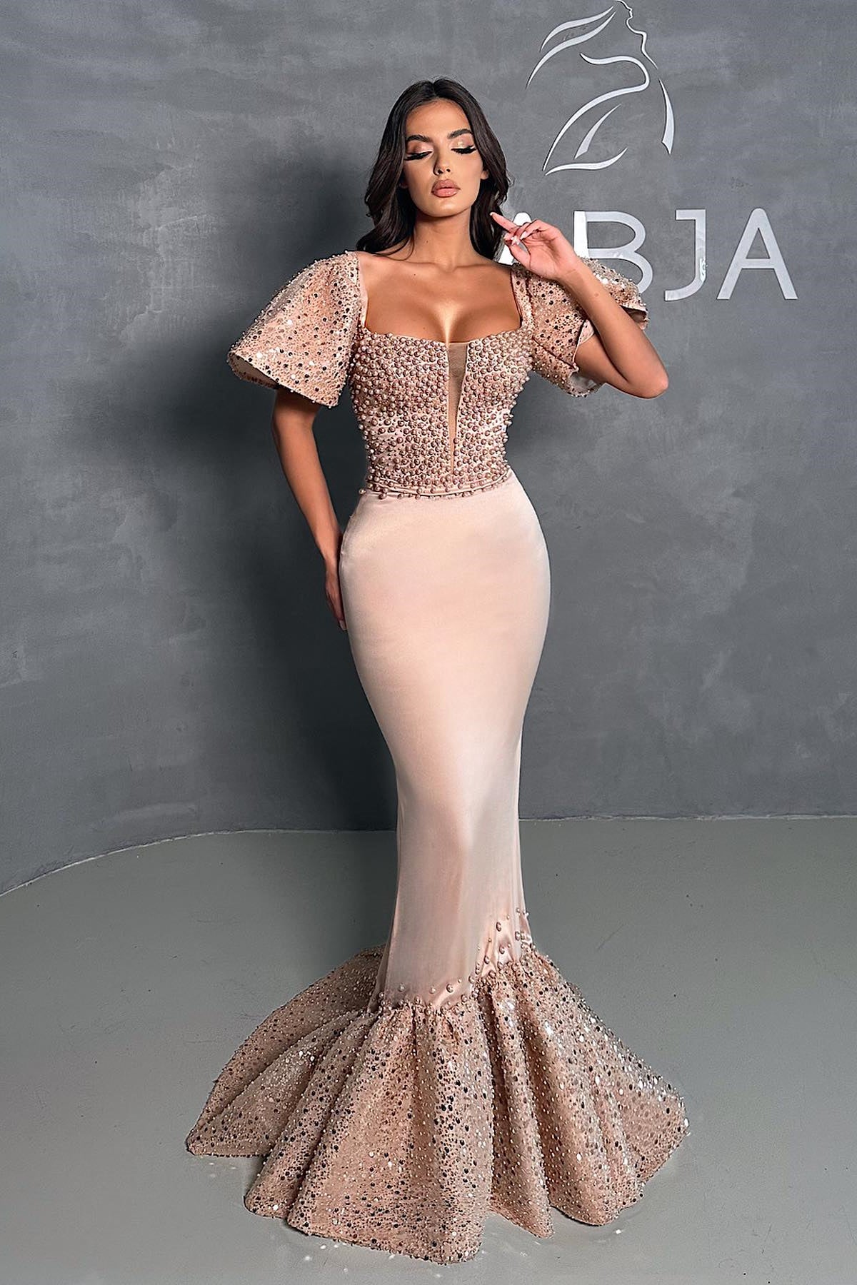 Square Neck Short Sleeve Mermaid Champagne Prom Dress with Beads-BallBride