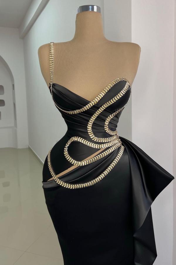 Strapeless Mermaid Long Black Ruched Satin Prom Dress with Beadings-BallBride