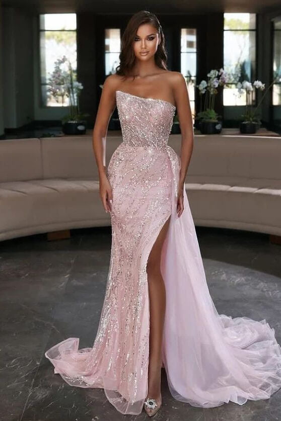 Strapless Light Pink Mermaid Sequins Prom Dress Split With Ruffles Online-BallBride